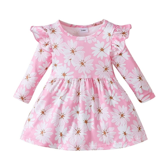 Sngxgn Girls Dresses Ruffled Long Sleeve Neck Casual A-Line Short Dress(Pink,18M)