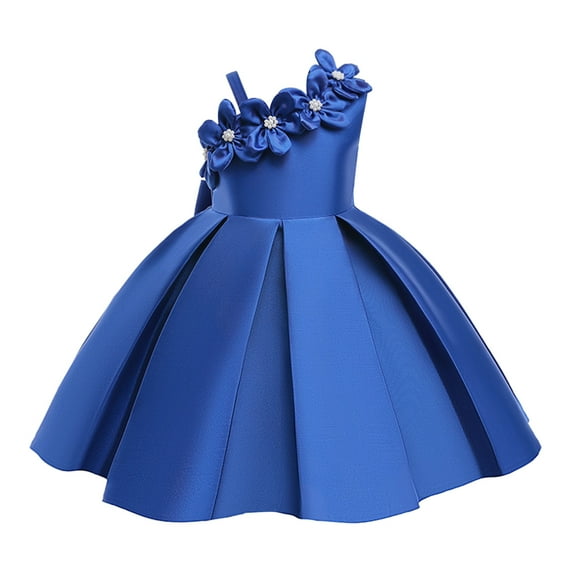 Sngxgn Girls Dresses Short Sleeve Solid Color Casual A-Line Pleated Dress(Blue,130)