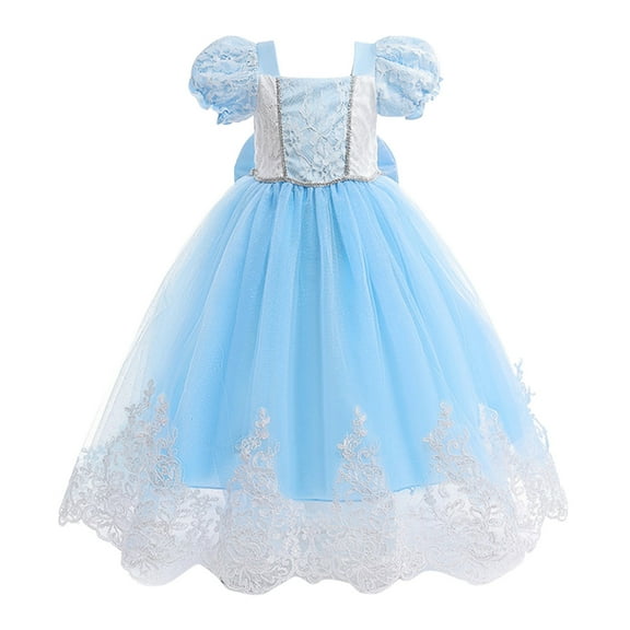 Sngxgn Girls Dresses Short Sleeve Solid Color Casual A-Line Pleated Dress(Light Blue,120)