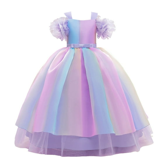 Sngxgn Girls Dresses Short Sleeve Solid Color Casual A-Line Pleated Dress(Purple,8Y)