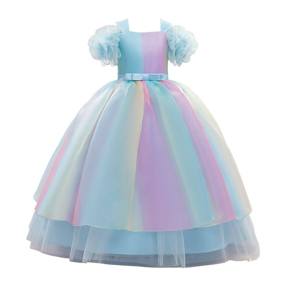 Sngxgn Girls Dresses Short Sleeve Stretch A-line Solid Color Dress for Toddler(Blue,8Y)