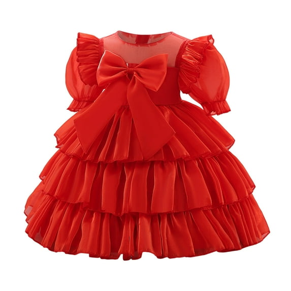 Sngxgn Girls Long Sleeve Backless Lace Flower Square Neck Tiered Ruffle Swing Party Dress(Red,90)