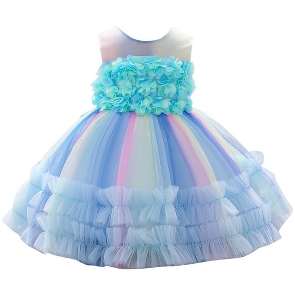Sngxgn Girls Tulle Mesh Dress Ruffle Party Flower Shirred Tutu Dress(Blue,110)