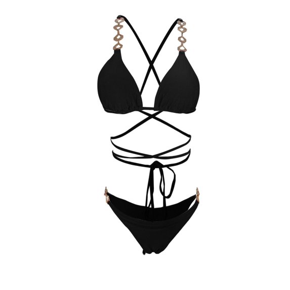 Sngxgn High Waisted Cutout Ribbed V Cut Bikini Set 2 Piece Swimsuit(Black,L)