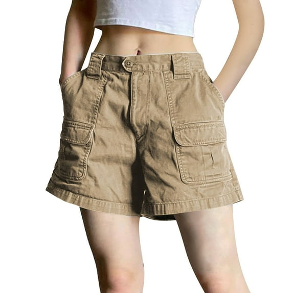 Sngxgn High Waisted Shorts for Women Trendy, Casual Elastic Waist Cargo Shorts with Pockets(Khaki,L)