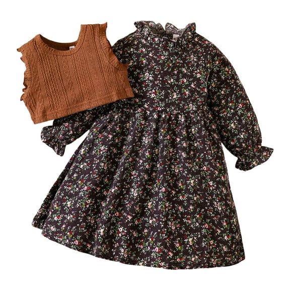 Sngxgn Kids Toddler Baby Girl Fall Winter Outfit Long Sleeve Pompom Shirt Sweater Top Skirt(Brown,130)