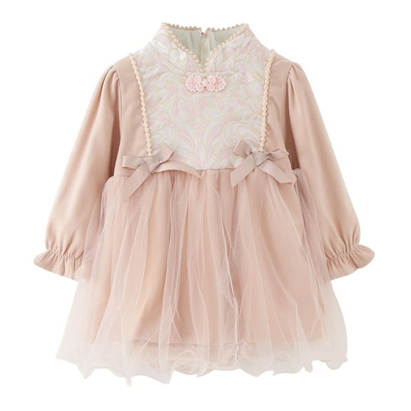 Sngxgn Little Girls Tulle Dress Long Sleeve Square Neck Layered Dresses for Casual Party(Red,120)