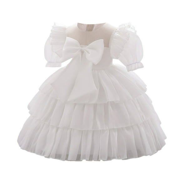 Sngxgn Little Girls Tulle Dress Long Sleeve Square Neck Layered Dresses for Casual Party(White,70)