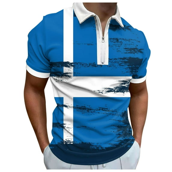 Sngxgn Men's Print Short Sleeve Cotton Polo T-Shirt(Blue,M)