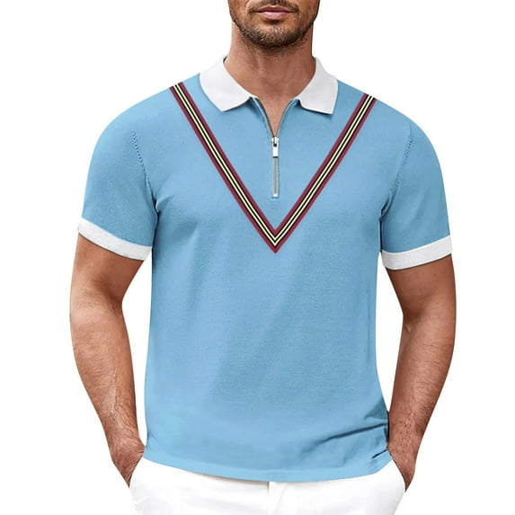 Sngxgn Men's Print Short Sleeve Cotton Polo T-Shirt(Light Blue,L)