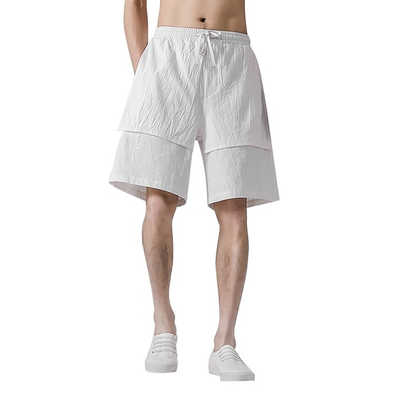 Sngxgn Men's Shorts Casual Elastic Waist Drawstring Casual Summer Beach Stretch Shorts(White,M)