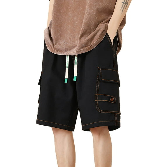Sngxgn Men's Shorts Casual Elastic Waist Drawstring Summer Beach Shorts(Black,L)