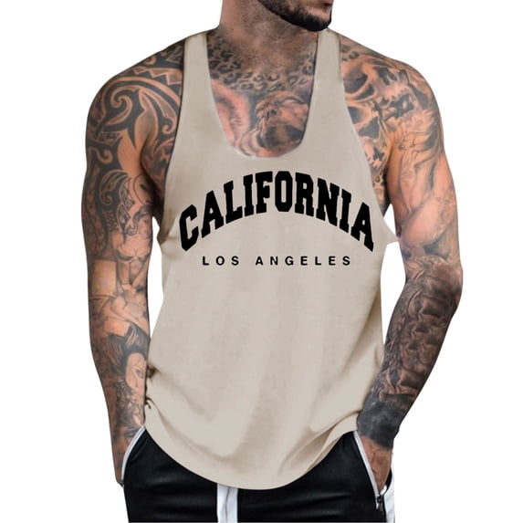 Sngxgn Men's Tank Top Summer Workout Sleeveless Shirts for Swim Beach Bodybuilding(Khaki,L)