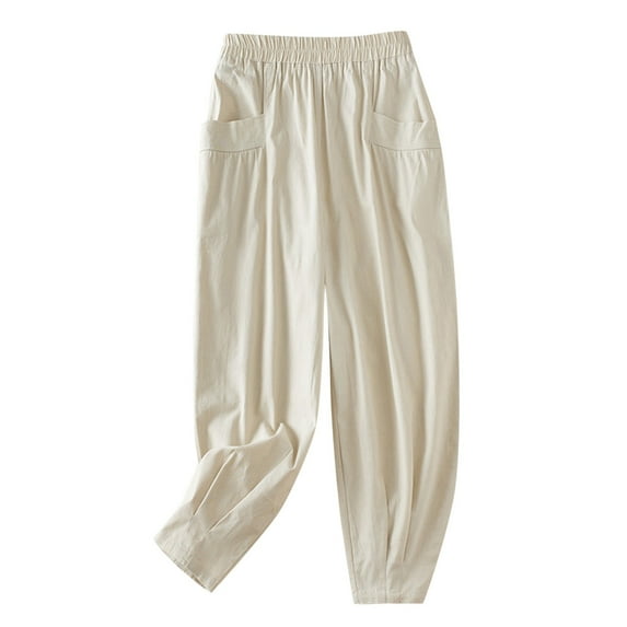 Sngxgn Pants for Women Casual Drawstring Waist Wide Leg Loose Pants with Pocket(Beige,L)