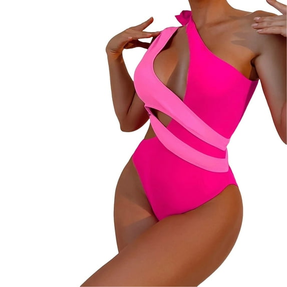 Sngxgn Womens Scoop Neck Cut Out Front Lace up Back Swimsuit(Hot Pink,XL)