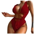 thumbnail image 1 of Sngxgn Ruffle Stripe Ruffle Swimsuit for Women V Neck Ruched Bathing Suits(Red,L), 1 of 6