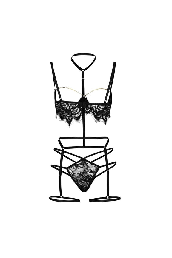 Straps Mesh Skeleton See-through Open Nightgown(Black,S)