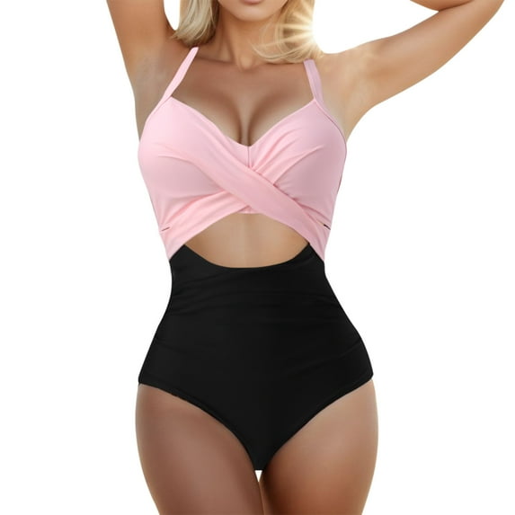Sngxgn Swimsuit for Women Bathing Suit Cut Out Cross Back Tie Deep V Neck Ruched High Cut(Pink,XL)