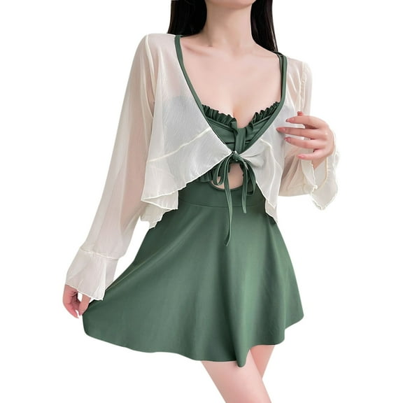 Sngxgn Swimsuit for Women V Neck Short Sleeve Bathing Suit(Green,One Size)