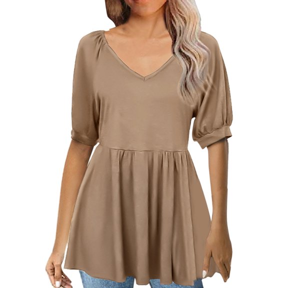 Sngxgn T-Shirt Crewneck Tee for Women Curved Hem(Khaki,XXL)