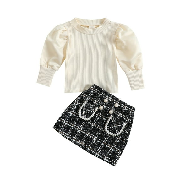Sngxgn Toddler Baby Girl Fall Winter Skirt Set Long Sleeve T-Shirt Top & Skirts Dress 2Pcs Outfits(White,80)