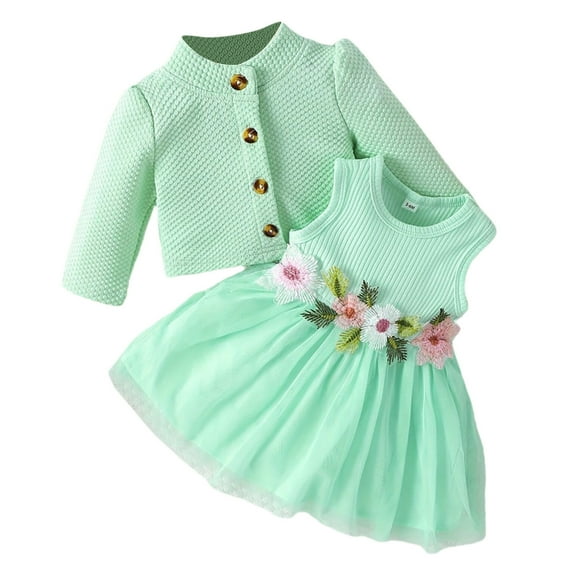 Sngxgn Toddler Baby Girl Short Sleeve T-Shirt Tops A-Line Pleated Skirt 2Pcs Spring Summer Clothes Set(Green,18M)