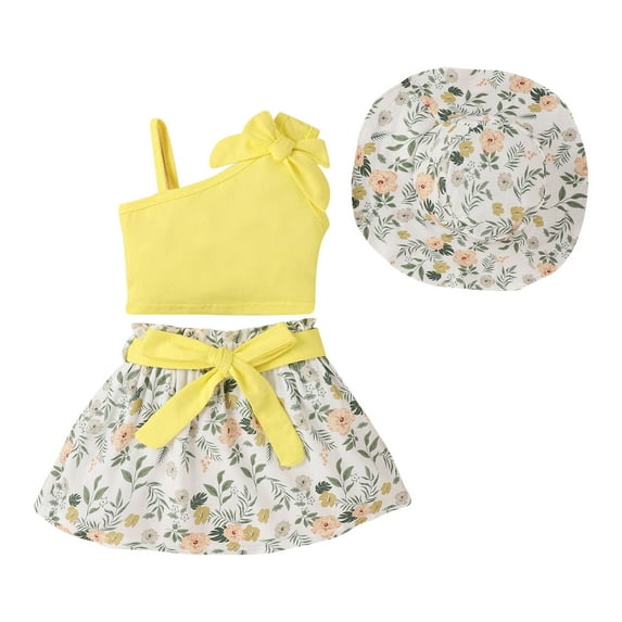 Sngxgn Toddler Baby Girl Short Sleeve T-Shirt Tops A-Line Pleated Skirt 2Pcs Spring Summer Clothes Set(Yellow,110)