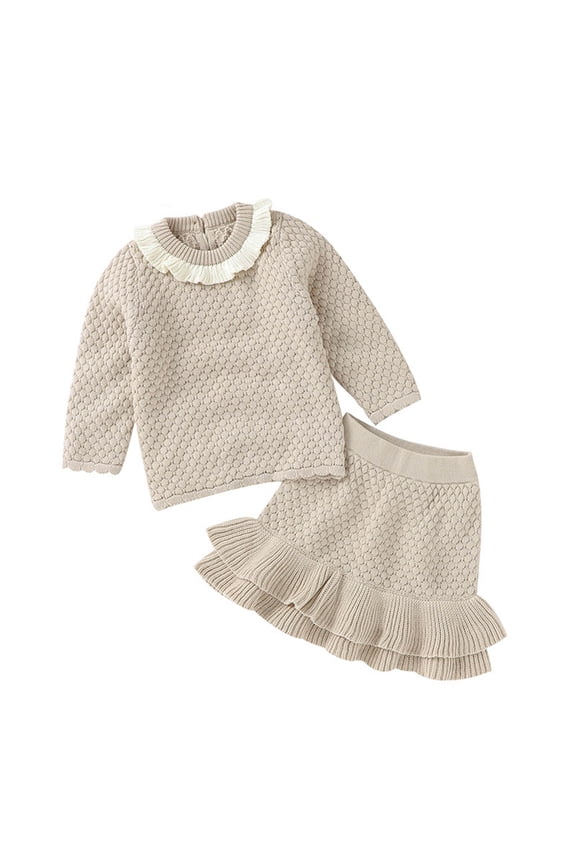 Toddler Baby Girl Skirt Outfit Long Sleeve Ruffle Shirt Top Mini Skirt Set 2Pcs Kids Little Girl Clothes(Beige,70)