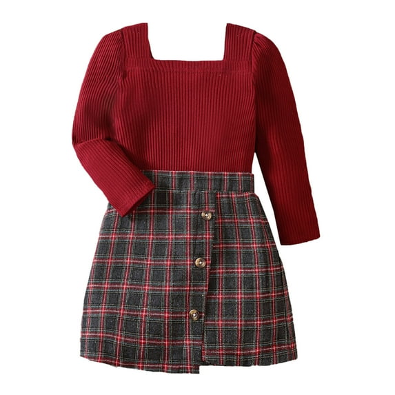 Sngxgn Toddler Girl Clothes Skirt Outfits Set Puff Sleeve Tops + Pleated Mini Skirts 2Pcs Clothes(Red,130)