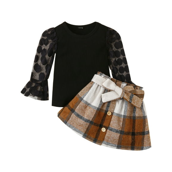 Sngxgn Toddler Girl Fall Winter Clothes Long Sleeve T-Shirt Knit Tops Button Mini Skirts Set Outfits(Black,80)
