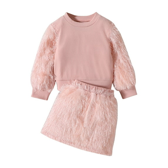 Sngxgn Toddler Girl Fall Winter Outfits Puff Sleeve Tops Skirt Set Kids Fashion Clothes(Pink,110)