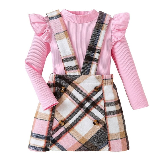 Sngxgn Toddler Girl Fall Winter Outfits Puff Sleeve Tops Skirt Set Kids Fashion Clothes(Pink,6Y)