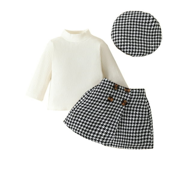 Sngxgn Toddler Girl Fall Winter Outfits Puff Sleeve Tops Skirt Set Kids Fashion Clothes(White,18M)