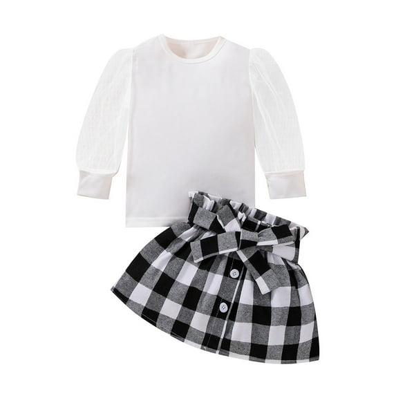 Sngxgn Toddler Girl Fall Winter Outfits Puff Sleeve Tops Skirt Set Kids Fashion Clothes(White,18M)