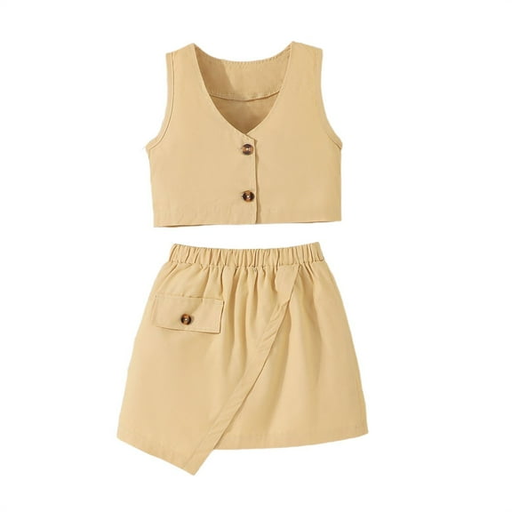 Sngxgn Toddler Girl Skirts Outfit Ribbed Long Sleeve Tops Skirt Baby Fall Winter Clothes(Khaki,7Y)