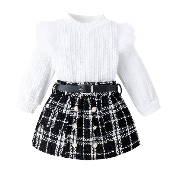 Sngxgn Toddler Little Girl Skirt Outfits Feather Sleeve Tshirt Tops & Mini Corduroy Skirts Kids Fashion Clothes(White,18M)