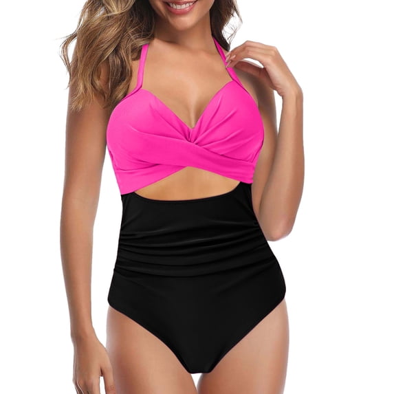 Sngxgn Tummy Control Swimsuits for Women Ruched Bathing Suits Strappy V Neck(Hot Pink,L)