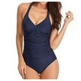 thumbnail image 1 of Sngxgn Tummy Control Swimsuits for Women Ruched Bathing Suits Strappy V Neck(Navy,M), 1 of 4