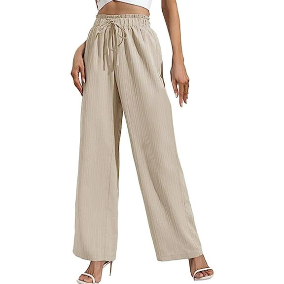Sngxgn Woman Pants Women Casual Solid Pants Drawstring Elastic Waist Long Wide Leg Pants(Beige,M)