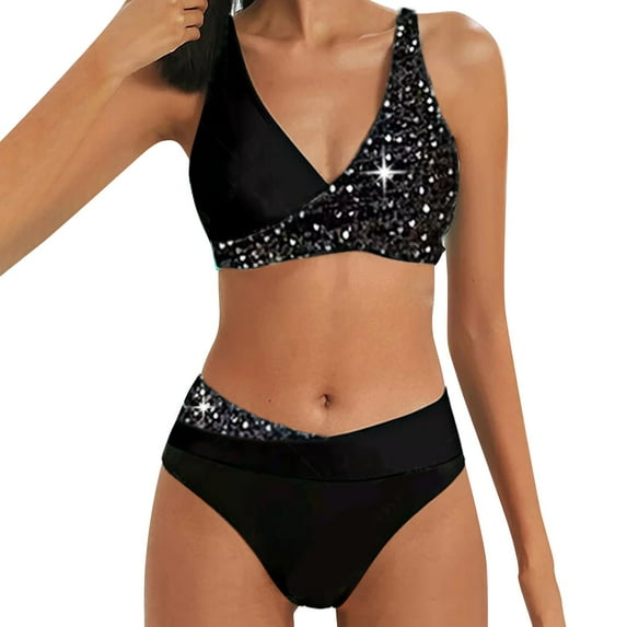 Sngxgn Women Bikini Set Solid Color Triangle Two Piece Swimsuit(Black,XXL)