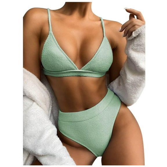Sngxgn Women Bikini Sets 2 Piece Swimsuit High Waisted V Neck Bathing Suits(Green,M)