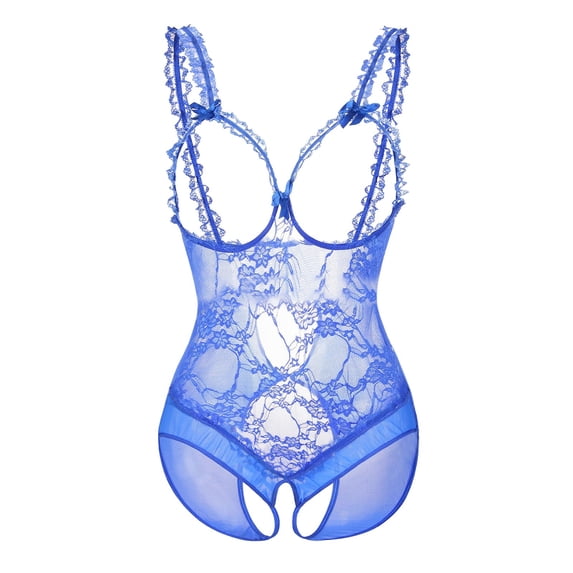 Sngxgn Women Bodysuit Sheer Lace Trim Lingerie Strappy Back Mesh Teddy Deep V Halter Underwear(Blue,L)