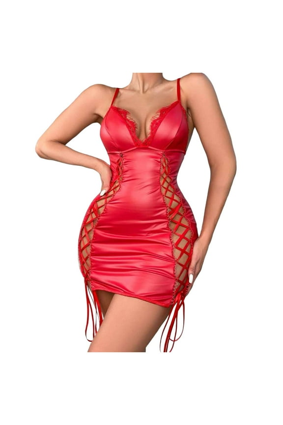 Women Bodysuit Sheer Lace Trim Lingerie Strappy Back Mesh Teddy Deep V Halter Underwear(Red,S)