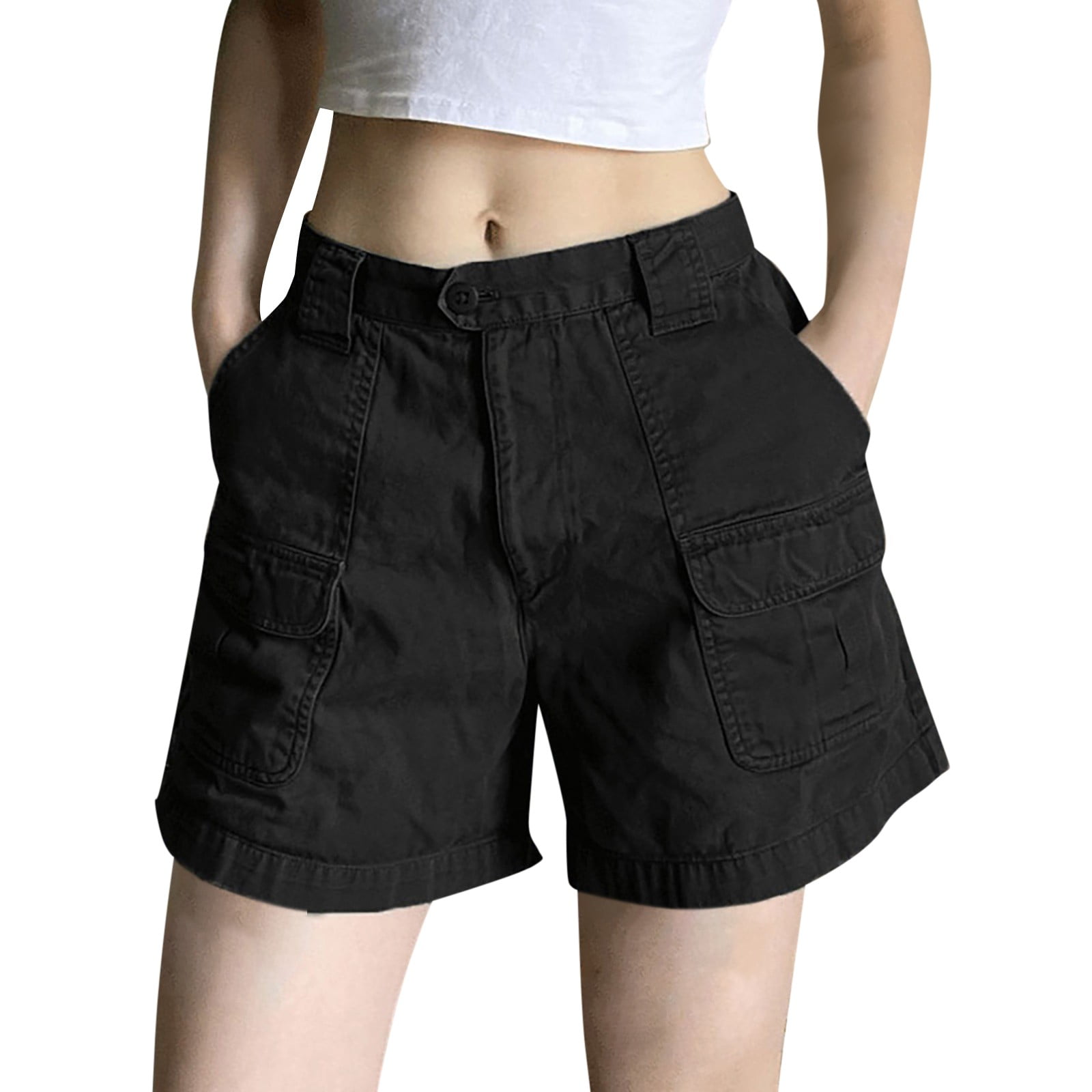 Vintage Black Cargo Pockets Glamorous Slim-fitting Shorts