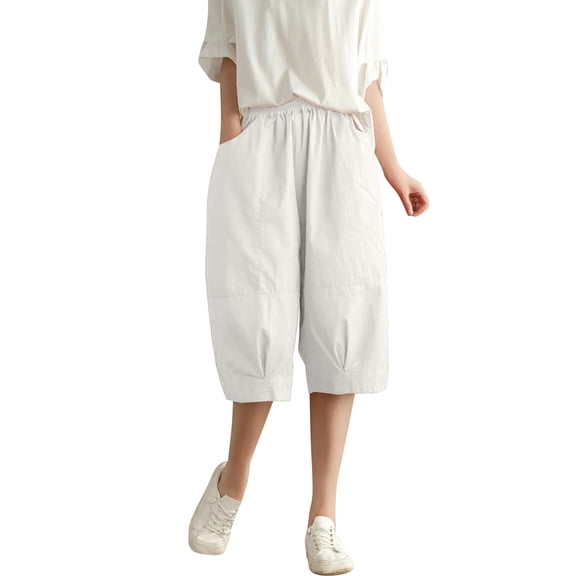 Sngxgn Women Casual Cotton Shorts Drawstring Comfy Elastic Waist Shorts Summer Pull On Short with Pockets(White,L)