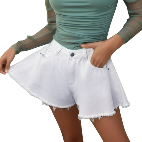 Sngxgn Women Casual High Waisted Casual Shorts Frayed Raw Hem Ripped Casual Shorts(White,L)