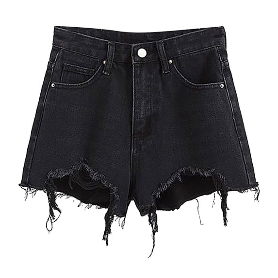 Sngxgn Women Casual High Waisted Denim Shorts Frayed Raw Hem Ripped Jeans Shorts(Black,L)