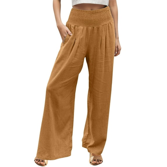 Sngxgn Women Casual Solid Drawstring Elastic Waist Long Straight Pants(Brown,XXXL)