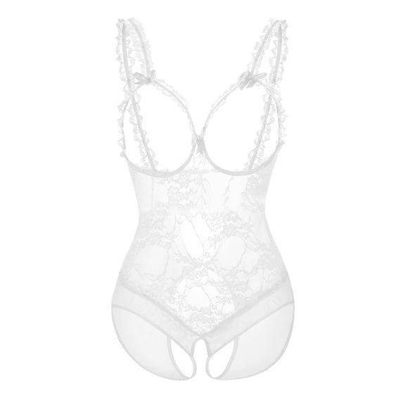 Sngxgn Women Deep V-neck Backless Halter Underwear Jumpsuit Lace Gauze Lingerie(White,XXXL)