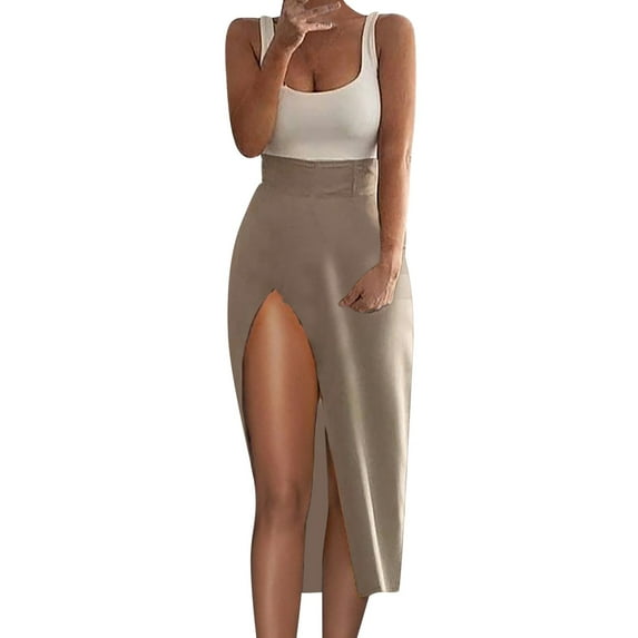 Sngxgn Women Full Slips Sexy Chemise V Neck Straight Dress(Khaki,L)